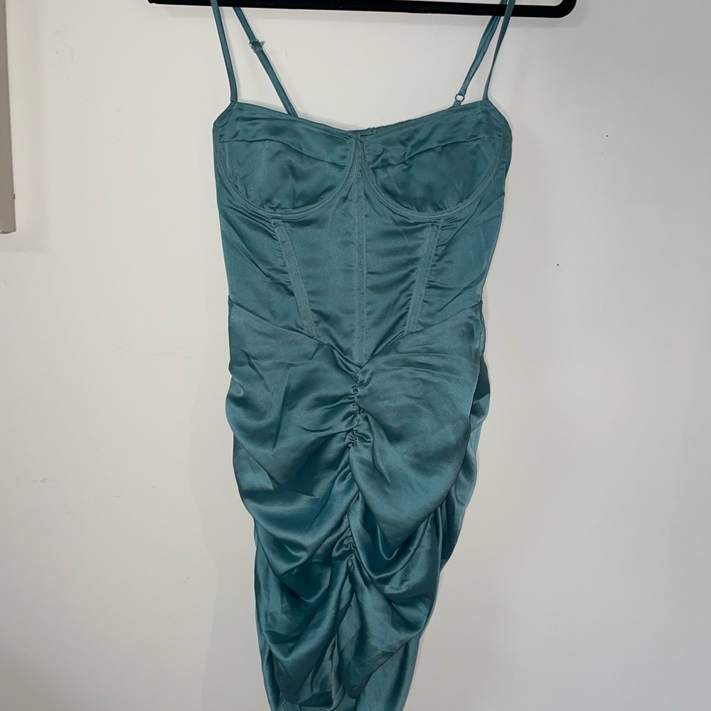 PLT teal ruched bodycon dress